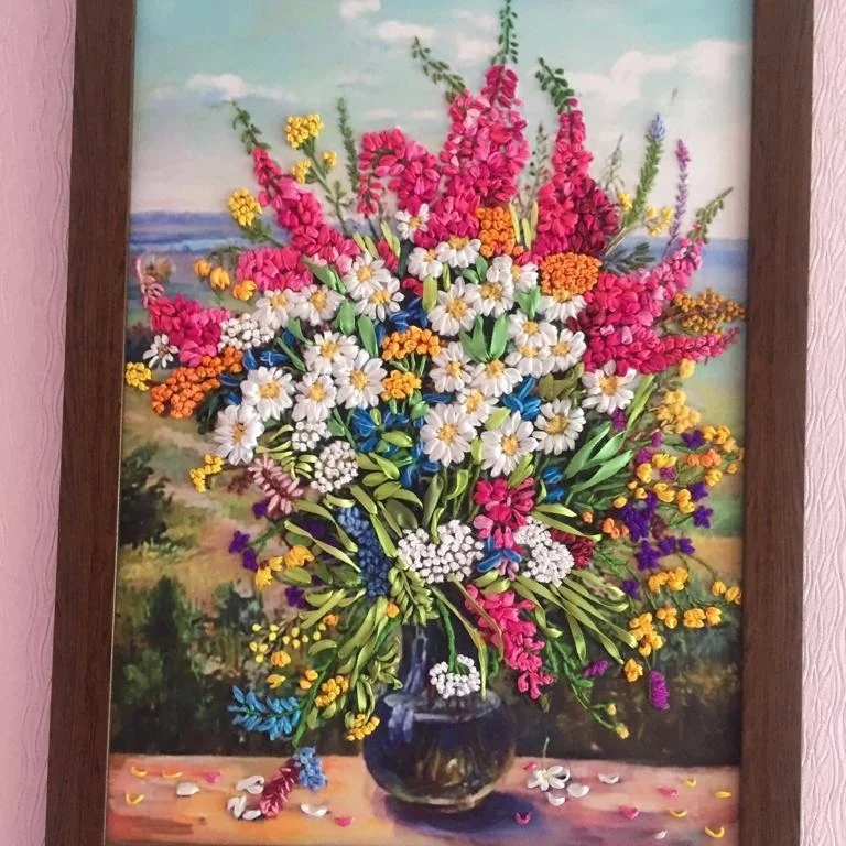 Вышитая картина атласными лентами -достойный, (5)