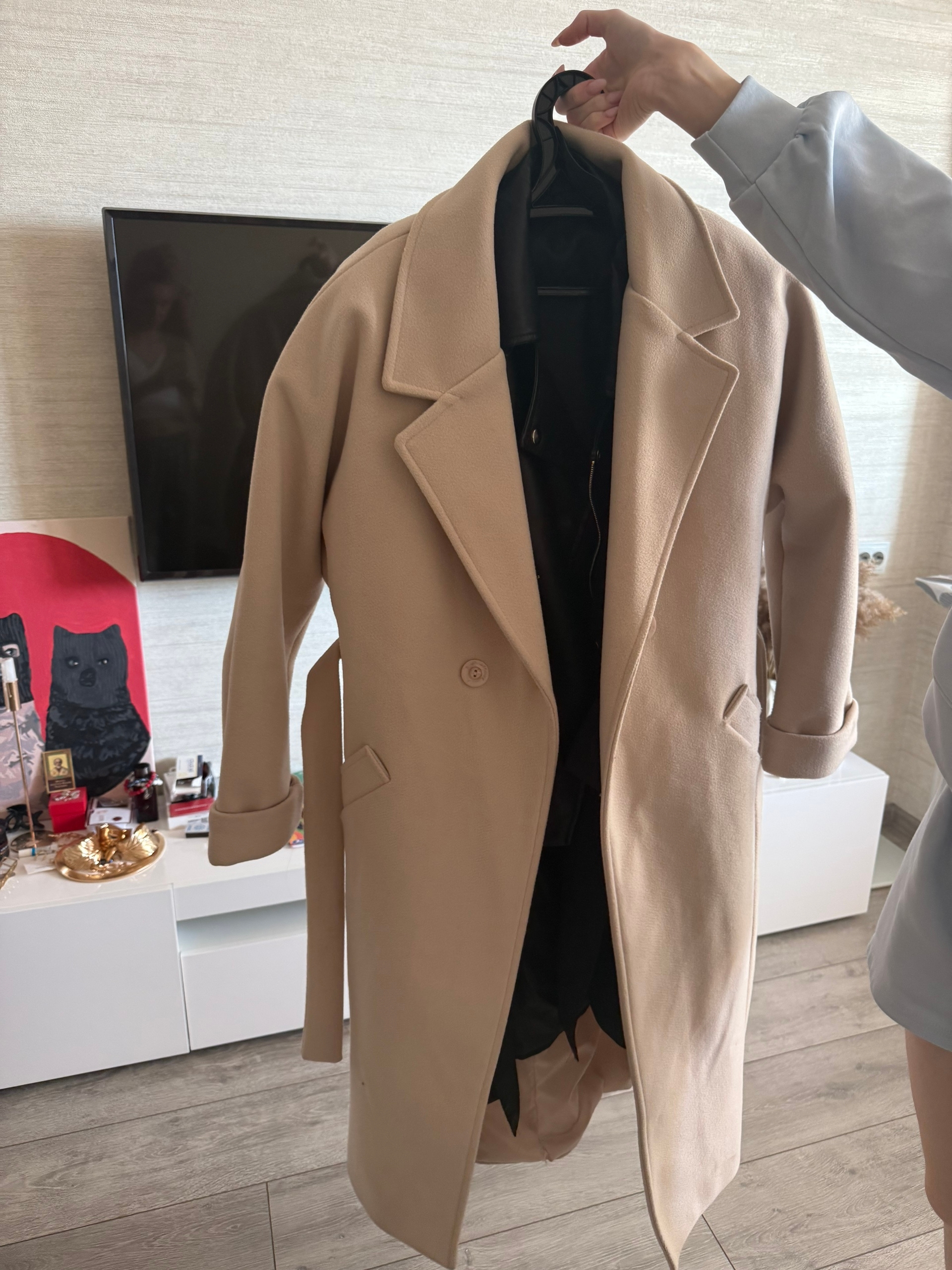 Бежевое длинное пальто, размер 44-46